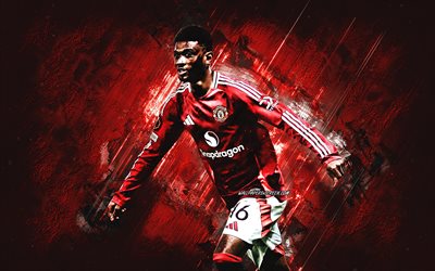 amad diallo, manchester united fc, fildişi futbolcu, kırmızı taş arka plan, premier lig, ingiltere, futbol