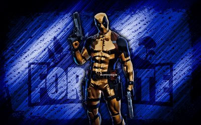 gold deadpool fortnite, 4k, blå diagonal bakgrund, grunge konst, fortnite, konstverk, guld deadpool hud, fortnite  karaktärer, guld deadpool, fortnite guld deadpool hud