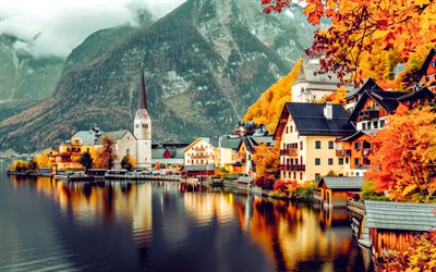 hallstatt, outono, upper áustria, lago hallstatt, hallstatter ver, salzkammergut, árvores amarelas, paisagem de outono, alpes, paisagem montanhosa, montanhas, lagos da montanha, áustria