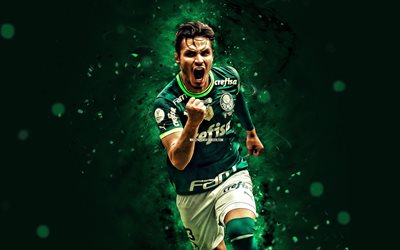 4k, Raphael Veiga, SE Palmeiras, green neon lights, soccer, Brazilian Serie A, Raphael Veiga 4K, brazilian footballers, football, Palmeiras FC, Raphael Veiga Palmeiras