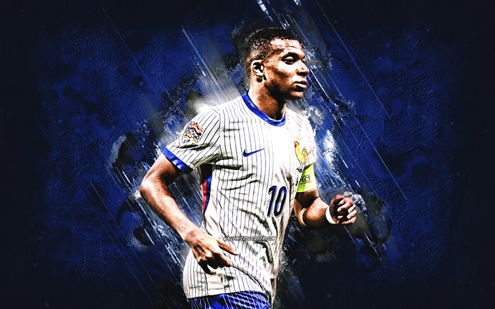 kylian mbappe, équipe nationale de football de france, footballeur français, fond de pierre bleue, grunge, france, football, ligue des nations