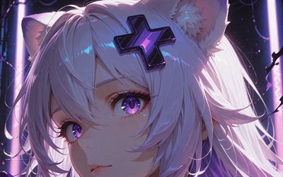 filian, 4k, oscuridad, luces de neón moradas, youtuber virtual, retrato, vtuber, chica con ojos violetas, hololive, manga, canal filial, youtuber virtual filial