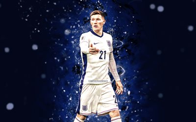 4k, Elliot Anderson, blue abstract background, England national football team, UEFA, english footballers, Elliot Anderson 4k, football, soccer, national teams, blue neon lights, Elliot Anderson England Team