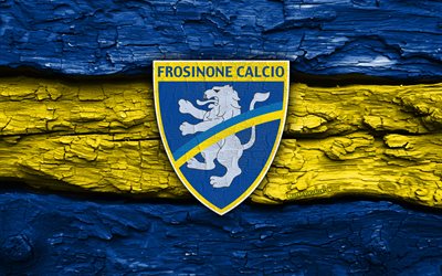 frosinone puinen logo, 4k, sininen keltainen puinen tausta, serie b, jalkapallo, frosinone logo, frosinone merkki, frosinone, italian jalkapalloseura, frosinone fc