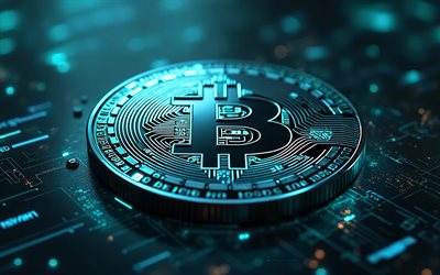 Bitcoin 3D coin, turquoise neon light, Bitcoin logo, Bitcoin emblem, Bitcoin, cryptocurrency, macro, Bitcoin coin