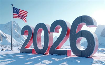 bonne année 2026, 4k, états unis 2026 chiffres, art 3d, alaska, bonne année états unis, paysage d'hiver, usa, drapeau américain, nouvel an 2026