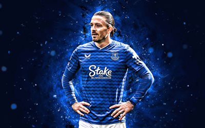 4k, Jack Grealish, blue abstract background, Everton FC, Premier League, english footballers, Jack Grealish 4k, blue neon lights, football, soccer, Everton, Jack Grealish Everton