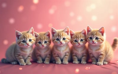 gatinhos fofos, 4k, gato rosa, gatos ruivos, gatinhos, 5 gatos idênticos, animais de estimação, gatos