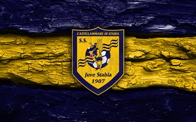 juve stabia logo aus holz, 4k, blau gelber holzhintergrund, serie b, fußball, juve stabia logo, juve stabia emblem, juve stabia, italienischer fußballverein, juve stabia fc
