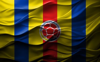 4k, Colombia national football team logo, blue yellow 3D background, South America, Colombia national football team emblem, Colombia national football team flag, 3D texture, Colombia, Colombia national football team, football, soccer