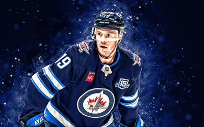 Jonathan Toews, 4k, blue neon lights, Winnipeg Jets, NHL, Canadian hockey players, Jonathan Toews 4K, hockey, National Hockey League, Jonathan Toews Winnipeg Jets
