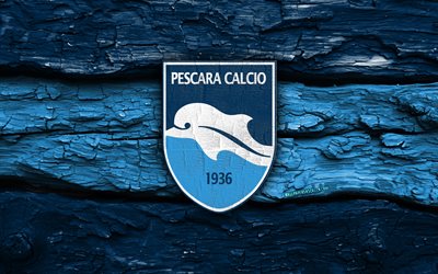 delfino pescara puinen logo, 4k, sininen puinen tausta, serie b, jalkapallo, delfino pescaran logo, delfino pescaran tunnus, delfino pescara, italian jalkapalloseura, delfino pescara fc