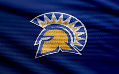 san jose state spartans 패브릭 로고, 4k, 블루 패브릭 배경, ncaa, 보케, 미식 축구, 산호세 주립 스파르탄 로고, 산호세 주립 스파르타의 상징, 마운틴 웨스트, 산호세 주립 스파르탄스
