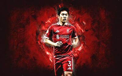 wataru endo, liverpool fc, hintergrund aus rotem stein, grunge kunst, japanischer fußballspieler, liverpool, premier league, england, fußball, wataru endo liverpool fc