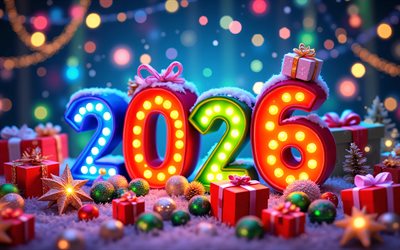 4k, 2026 3D digits, xmas decorations, flashlights, New Years garlands, Happy New Year, gift boxes, xmas balls, 2026 concepts, creative, 2026 inscription, 2026 metal digits, 2026 New Year, 2026 art