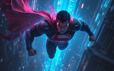 4k, lentävä superman, 3d taide, lähikuvaa, marvel sarjakuvat, supersankareita, supermies, abstrakti taide, superman 4k