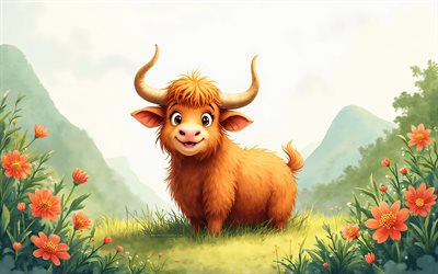 4k, yak, naturaleza abstracta, arte de la acuarela, animales lindos, pintar arte, creativo, yaks, animales de dibujos animados, lindo yak, obra de arte, yak de dibujos animados