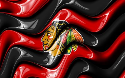 logotipo 3d de los blackhawks de chicago, 4k, ondas 3d rojas negras, nhl, hockey, bandera de los blackhawks de chicago, creativo, logotipo de los blackhawks de chicago, emblema de los blackhawks de chicago, equipo de hockey americano, blackhawks de chicago