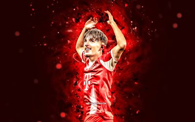 4k, lennart karl, roter abstrakter hintergrund, bayern münchen, bundesliga, deutsche fußballer, lennart karl 4k, rote neonlichter, fußball, fc bayern münchen, lennart karl bayern münchen