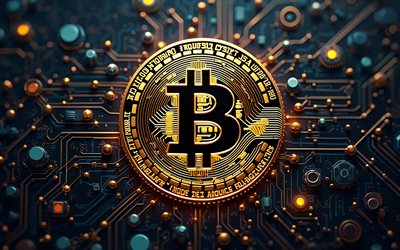 4k, logo en métal bitcoin, bokeh, chaîne de blocs, microcircuits, conducteurs, oeuvre d'art, logo bitcoin, obscurité, logo bitcoin sur microcircuit, logo bitcoin 3d, crypto monnaies, bitcoin, marques, logo bleu bitcoin