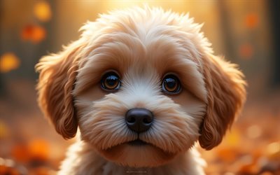 माल्टिपू, 4k, शरद ऋतु, bokeh, जंगल, कुत्ते, थूथन, प्यारे जानवर, पालतू जानवर, जंगल में कुत्ता, माल्टिपू कुत्ता