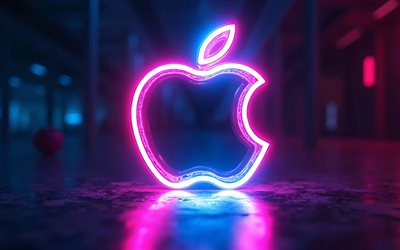 apple neon logo, 4k, dunkelheit, bokeh, marken, kreativ, buntes apple logo, drähte, elektronik, apple logo, apfel