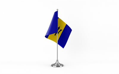 4k, Barbados table flag, white background, Barbados flag, table flag of Barbados, Barbados flag on metal stick, flag of Barbados, national symbols, Barbados, Europe