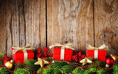 punaisia ​​lahjalaatikoita, 4k, joulu puinen tausta, hyvää uutta vuotta, joulukoristeet, joulu, lahjalaatikoiden kehykset, joulukoristeita, joululahjoja, lahjalaatikoita, lahjat