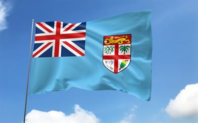 fidžin lippu lipputankoon, 4k, oseanian maat, sinitaivas, fidžin lippu, aaltoilevat satiiniliput, fidžin kansalliset symbolit, lipputanko lipuilla, fidžin päivä, oseania, fidži