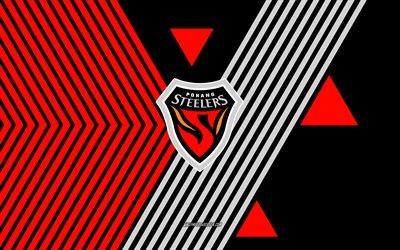 pohang steelers logosu, 4k, güney kore futbol takımı, kırmızı siyah çizgiler arka plan, pohang çelikleri, k ligi 1, güney kore, hat sanatı, pohang steelers amblemi, futbol