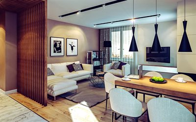 elegante design degli interni del soggiorno, stile moderno, divano bianco nel soggiorno, cornice di legno, sedie bianche, mobili eleganti, idea soggiorno, interni moderni