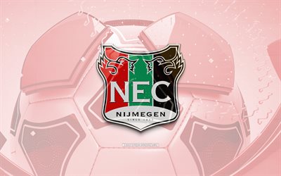 NEC Nijmegen glossy logo, 4K, red football background, Eredivisie, soccer, belgian football club, NEC Nijmegen 3D logo, NEC Nijmegen emblem, NEC FC, football, sports logo, NEC Nijmegen logo, NEC Nijmegen