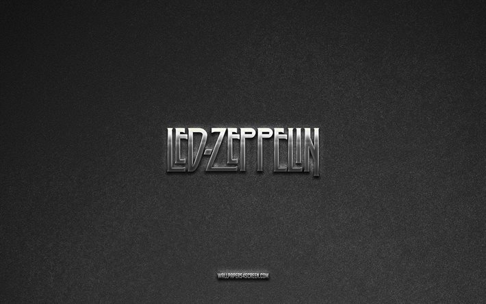 logotipo led zeppelin, marcas, fundo de pedra cinza, emblema do led zeppelin, logotipos populares, led zeppelin, sinais de metal, logo metálico led zeppelin, textura de pedra