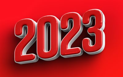 2023 Happy New Year, red 3D digits, 4k, creative, 2023 concepts, 2023 3D digits, Happy New Year 2023, artwork, 2023 red digits, 2023 red background, 2023 year