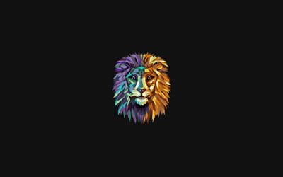 polígono leão multicolorido, 4k, pintar leão abstrato, cara de leão, polígono leão, arte mínima, abstração de leão, animais polígonos, leão