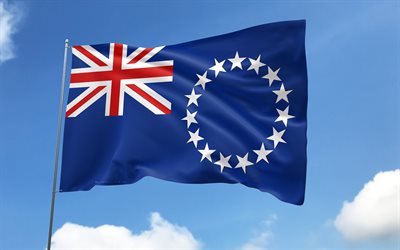 फ्लैगपोल पर कुक आइलैंड्स का झंडा, 4k, ओशियानिया के देश, नीला आकाश, कुक द्वीप समूह का ध्वज, लहरदार साटन झंडे, कुक आइलैंड्स राष्ट्रीय प्रतीक, झंडे के साथ झंडा, कुक आइलैंड्स का दिन, ओशिनिया, कुक द्वीपसमूह