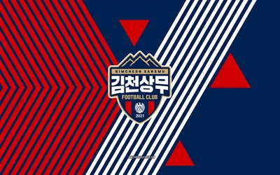 金泉尚武fcのロゴ, 4k, 韓国サッカーチーム, 赤青の線の背景, 金泉尚武fc, kリーグ1, 韓国, 線画, 金泉尚武fcのエンブレム, フットボール
