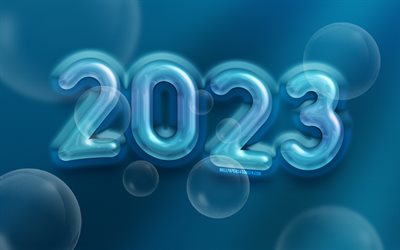 2023 Happy New Year, blue bubble digits, creative, 2023 concepts, 2023 3D digits, Happy New Year 2023, 2023 blue background, 2023 year