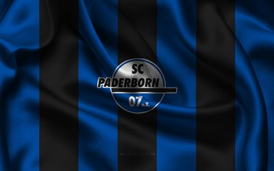 4k, sc paderborn 07 logo, tissu de soie bleu noir, équipe allemande de football, emblème sc paderborn 07, 2 bundesliga, sc paderborn 07, allemagne, football, drapeau sc paderborn 07