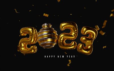 Happy New Year 2023, 4k, golden balloons, 2023 greeting card, 2023 concepts, 2023 Happy New Year, 2023 golden 3d background, 2023 templates