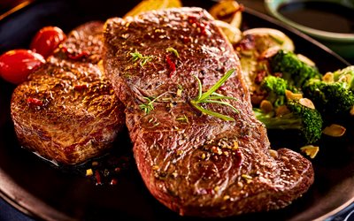 steak de viande frit, 4k, barbecue, menu de grillades, viande grillée, biftecks, viande frite