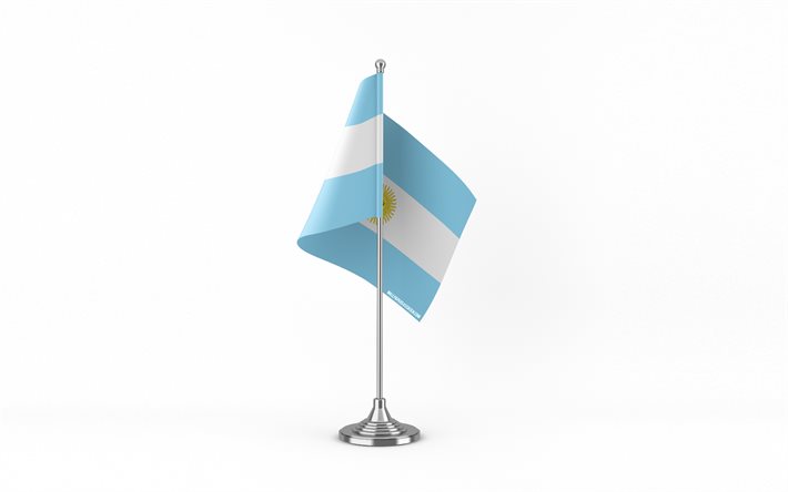 4k, علم طاولة الأرجنتين, خلفية بيضاء, علم الأرجنتين, علم الجدول الأرجنتين, علم الأرجنتين على عصا معدنية, رموز وطنية, الأرجنتين, أوروبا