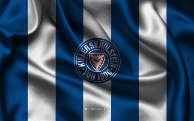 4k, Holstein Kiel logo, blue white silk fabric, German football team, Holstein Kiel emblem, 2 Bundesliga, Holstein Kiel, Germany, football, Holstein Kiel flag
