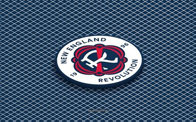 4k, ニューイングランド革命等尺性ロゴ, 3d アート, アメリカのサッカークラブ, 等尺性アート, ニューイングランド・レボリューション, 青い背景, mls, アメリカ合衆国, サッカー, 等尺性エンブレム, ニューイングランド革命のロゴ