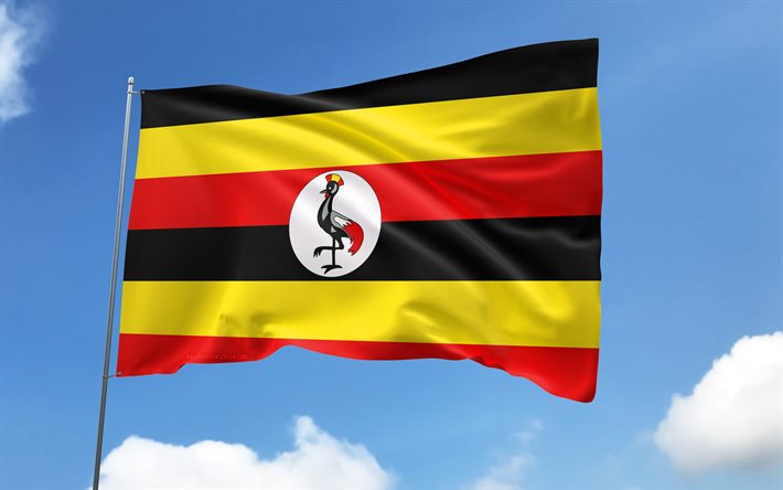 फ्लैगपोल पर युगांडा का झंडा, 4k, अफ्रीकी देश, नीला आकाश, युगांडा का झंडा, लहरदार साटन झंडे, युगांडा के राष्ट्रीय प्रतीक, झंडे के साथ झंडा, युगांडा का दिन, अफ्रीका, युगांडा