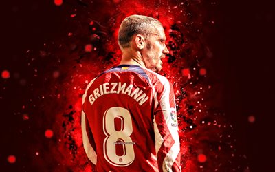 4k, Antoine Griezmann, back view, red neon lights, Atletico Madrid FC, LaLiga, football, french footballers, soccer, Antoine Griezmann 4K, red abstract background, La Liga, Antoine Griezmann Atletico Madrid