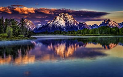 Jackson Lake, summer, Mount Moran, HDR, american landmarks, Grand Teton National Park, USA, America, beautiful nature