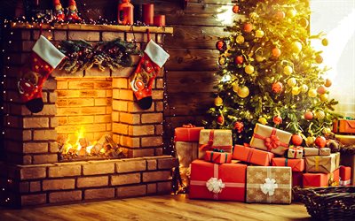 चिमनी के पास क्रिसमस ट्री, क्रिसमस इंटीरियर, क्रिसमस का उपहार, क्रिसमस की बधाई, नववर्ष की शुभकामनाएं, चिमनी