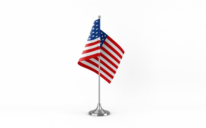 4k, 미국 테이블 플래그, 흰 배경, 미국 국기, 미국의 테이블 플래그, 금속 막대기에 미국 국기, 국가 상징, 미국, 북아메리카