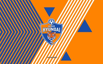 蔚山現代fcのロゴ, 4k, 韓国サッカーチーム, オレンジ色の青い線の背景, 蔚山現代fc, kリーグ1, 韓国, 線画, 蔚山現代fcのエンブレム, フットボール
